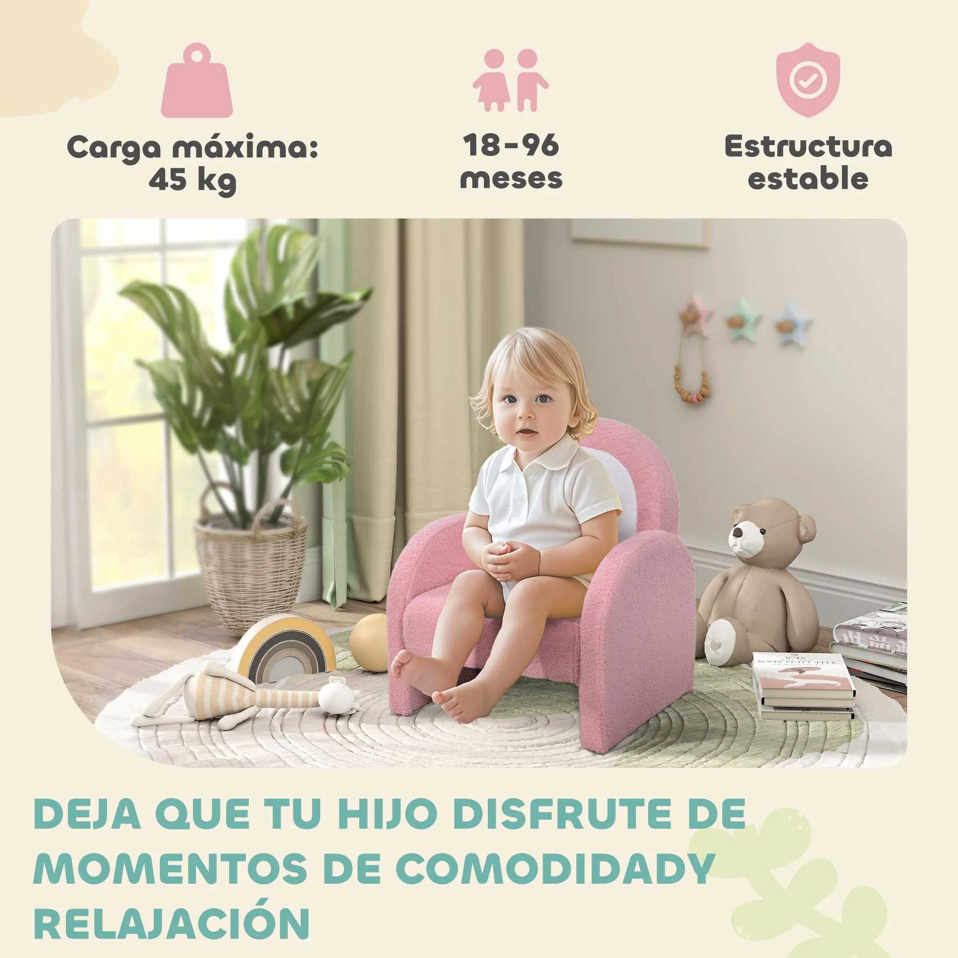 AIYAPLAY Sillón Infantil con Respaldo en Forma de Arcoíris Sofá para Niños de 18-96 Meses Tejido Suave de Borreguito Reposabrazos Carga 45 kg Rosa