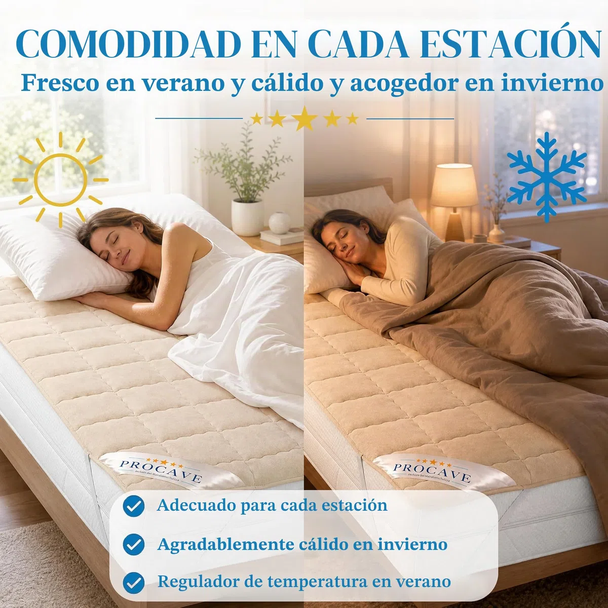 PROCAVE Protector de colchón Acolchado de Lana Virgen,Funda Transpirable para Cama, Cubrecolchón con 4 Gomas angulares 160x200 cm