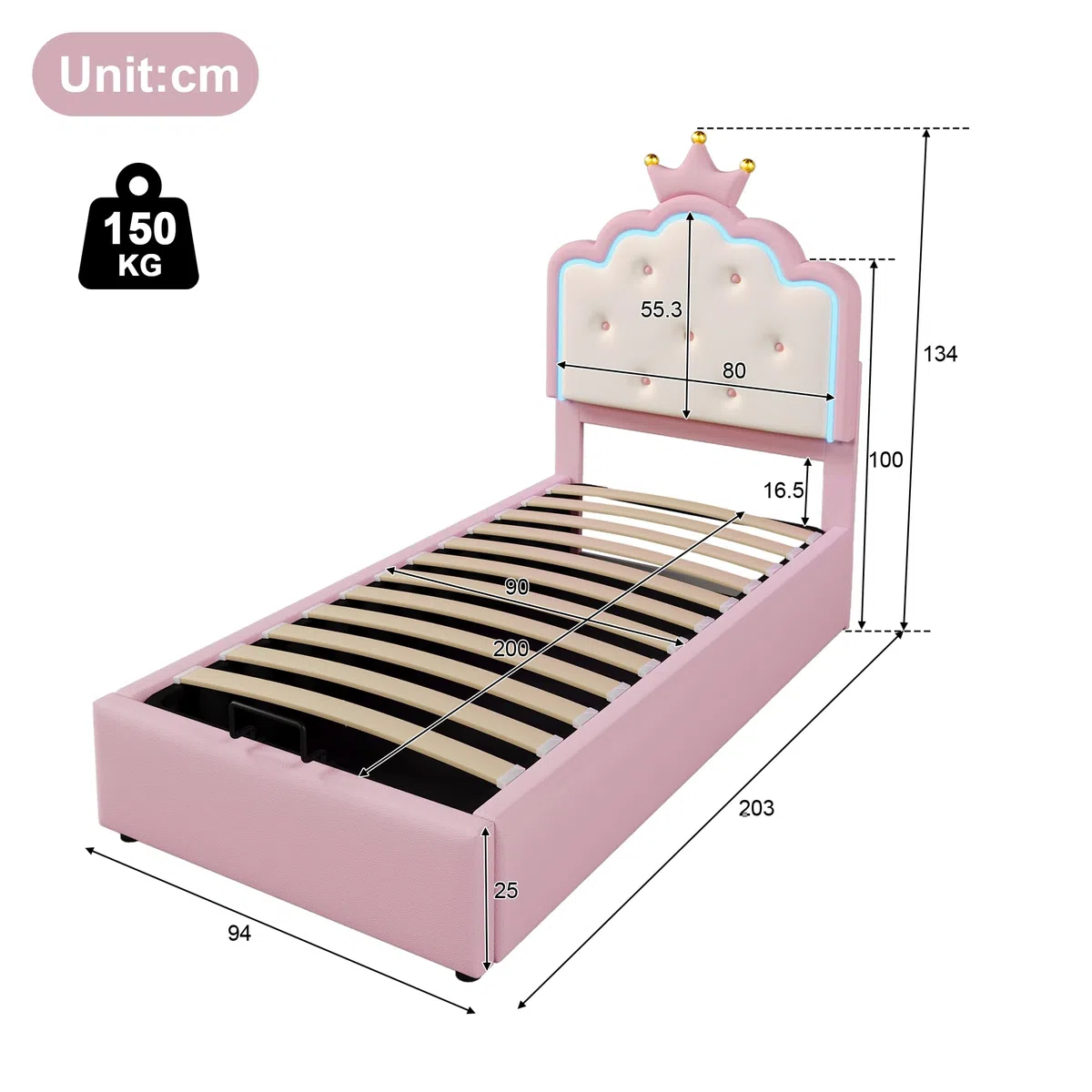Lubvtti Cama Acolchada 90x200 cm con luz Ambiental,Cama Individual con contenedor,Cama Infantil,Forma de Corona de Princesa,Cama con almacenaje,con somier de láminas,PU