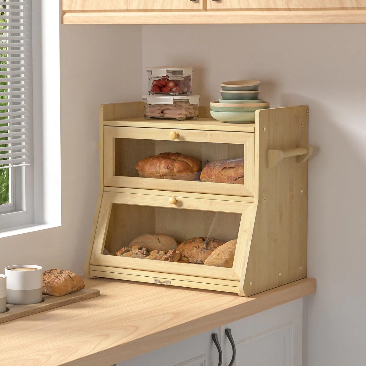Panera de Bambú de 2 capas Con Tabla de Cortar y Caja de Almacenamiento, Visualizada para Pan Tostado, 40 x 28 x 38 cm, Bambú Natural