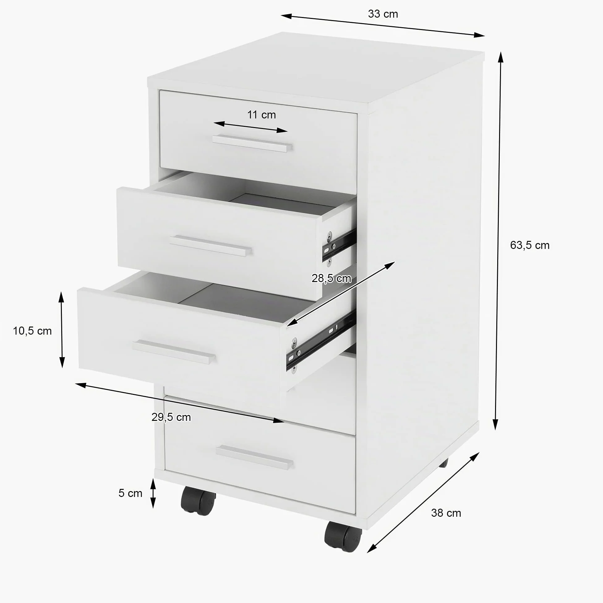ML-Design Archivador Móvil para Oficina 33 x 38 x 63,5 cm Blanco, Cajonera de Escritorio con 5 Cajones Revestida de Melamina y Asas de Aluminio Mueble de Despacho Armario para Almacenamiento