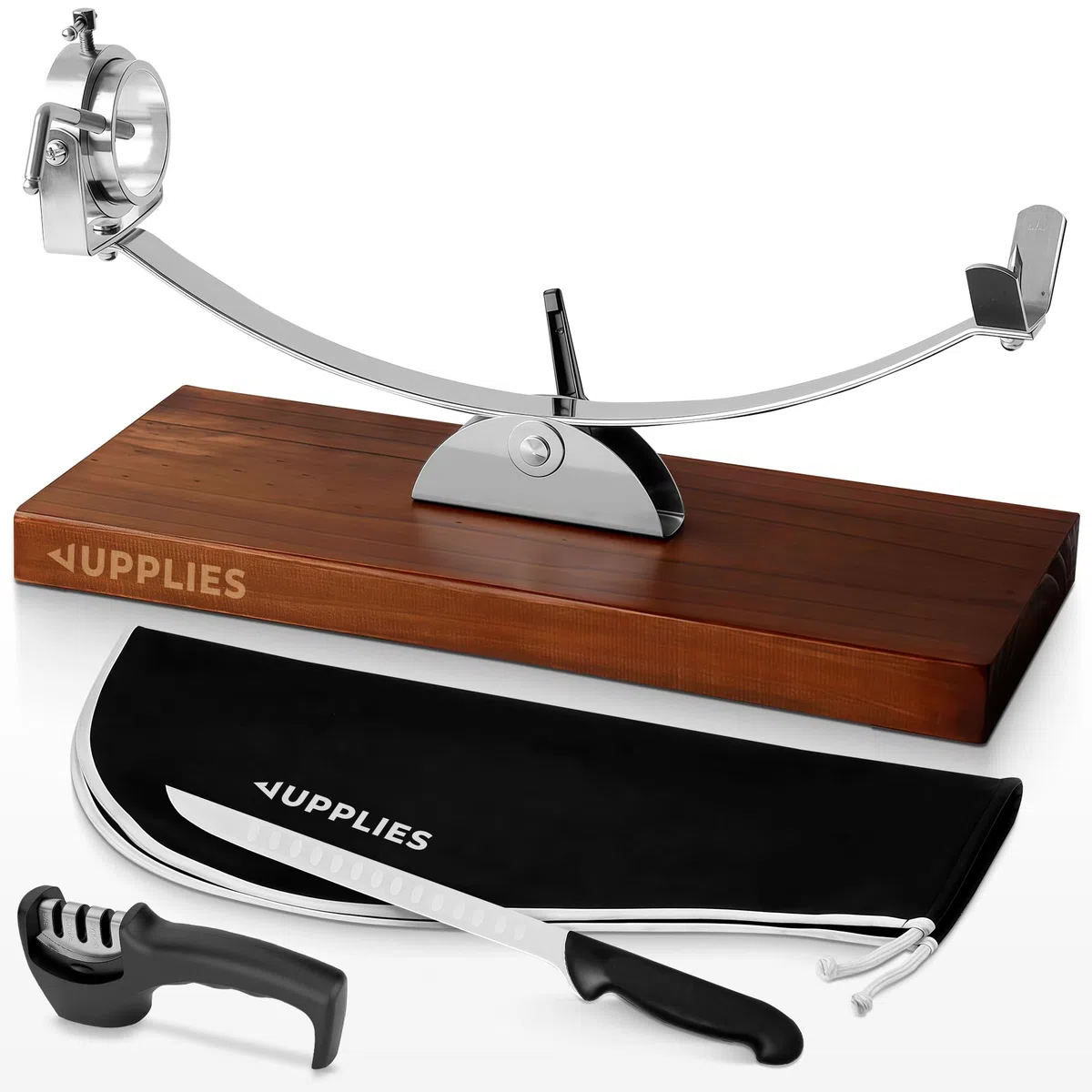 JUPPLIES Jamonero Acero Inoxidable con Base de Bambú + Cuchillo 240mm + Afilador y Cubre Jamón | Soporte Jamonero Vertical Basculante, Rotatorio y Antideslizante | Tabla de Jamón Profesional