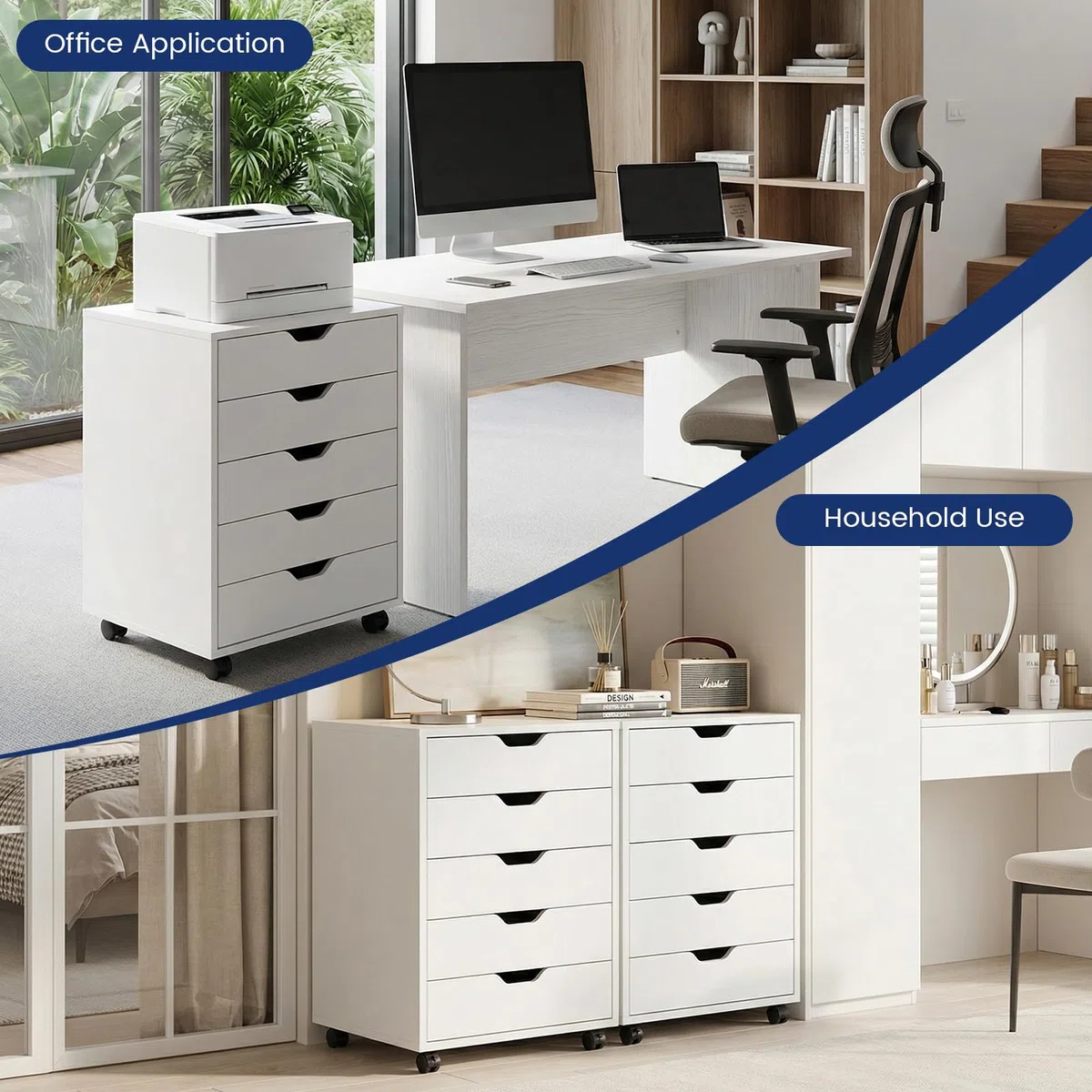 Cajonera Oficina, Cajonera Escritorio con 5 Cajones, Multiusos Armario Archivador Móvil con 4 Ruedas para Bajo Escritorio Casa, Soporte para Impresora, 65cm Alto, Blanco