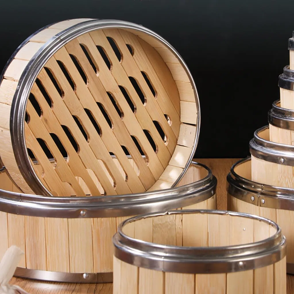 Cesta de Vapor de bambú,2 Niveles con Tapa Steam Cooker,Olla vaporera de bambú Cocinar al Vapor con Bandas de Acero Inoxidable - para arroz,Dim Sum,Verduras,Carne y Pescado (8 tamaños)