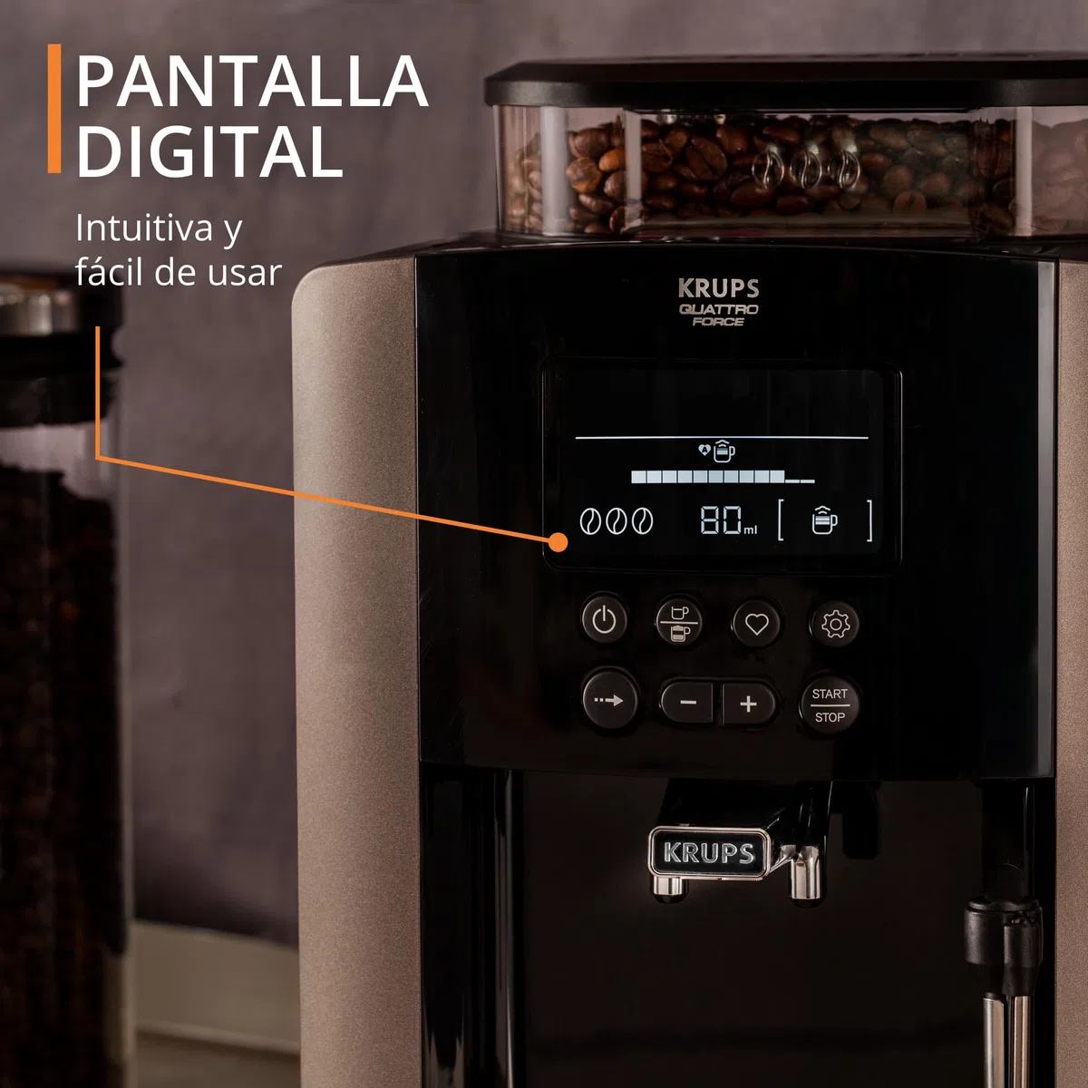 Krups Quattro Force Arabica Latte - Cafetera superautomática 15 bares, pantalla LCD, programas de leche y personalización bebidas, molinillo metálico profesional, modo limpieza, jarra leche