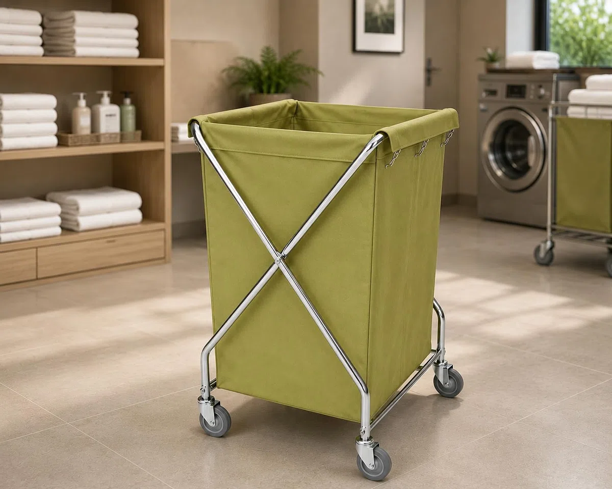 Carro de Ropa Plegable Profesional 200L – Estructura de Hierro Cromado con Bolsa Lavable – Carro Lavandería con Ruedas – Uso en Hoteles, Hospitales y Colectividades – Verde