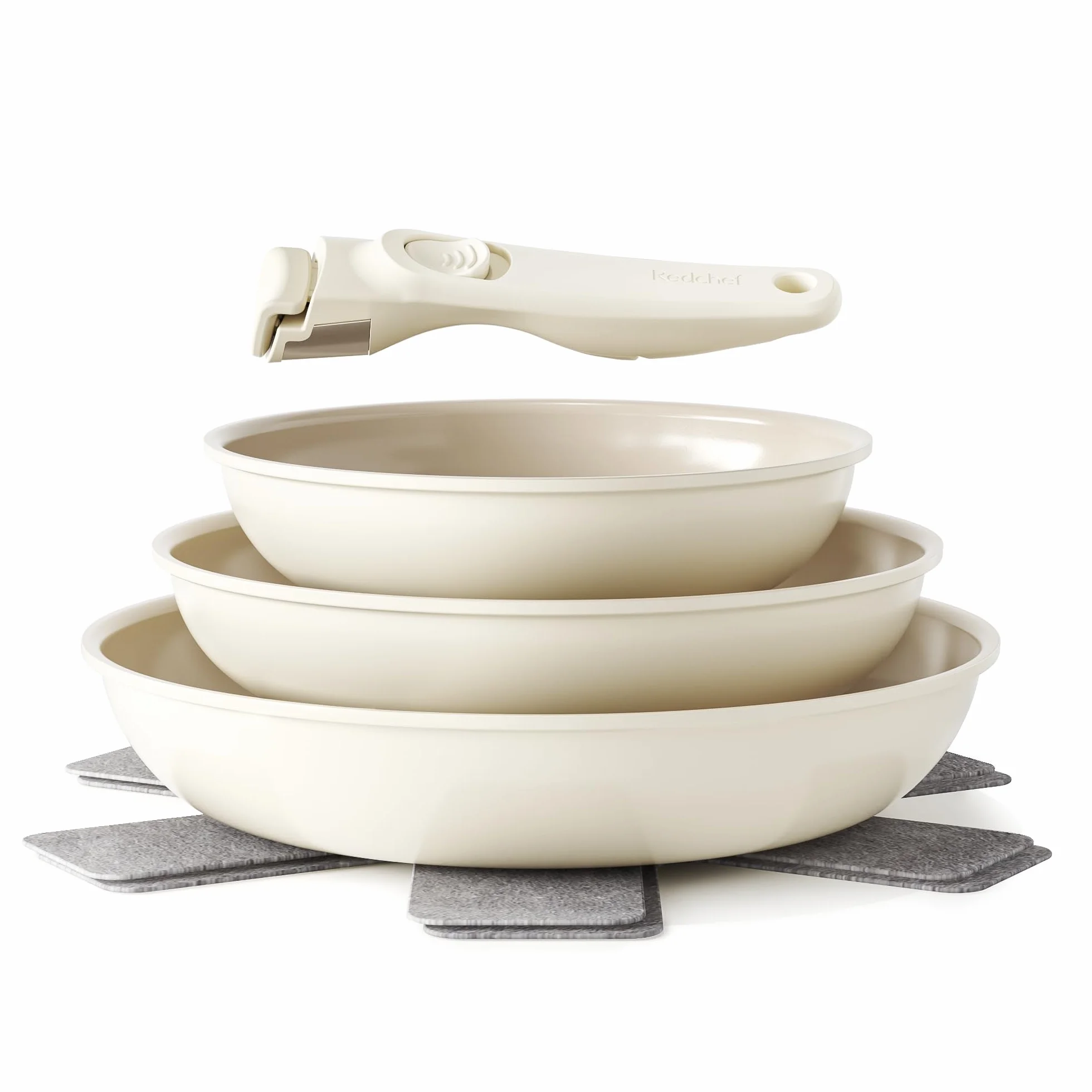 Redchef Juego de Ollas 6 Piezas sartenes Cerámicas, Sartén Cerámica con Granito Antiadherente, Apta para Inducción 20, 24, 28 cm, Ahorra Espacio, Sin Ptfe & Pfoa & Pfas, Horno y Lavavajillas, Beige