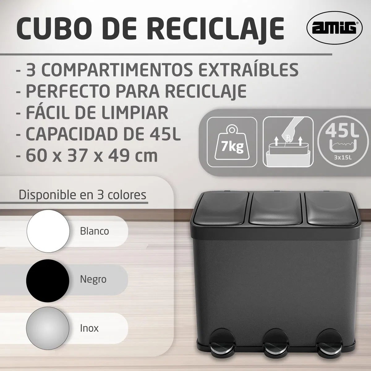 Amig - Cubo de Basura Triple con Pedales 45 litros - 3 Compartimentos Extraíbles de 15 litros - Cubo de Reciclaje para Cocina - Acero - 60 x 37 x 49 cm - Negro Mate