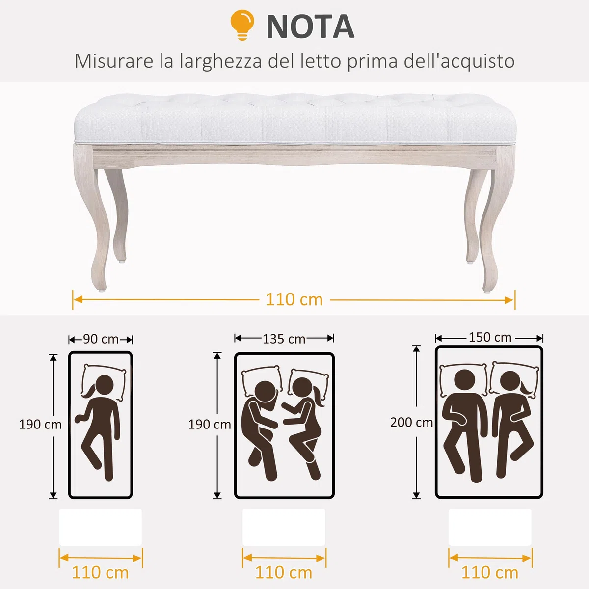 HOMCOM Taburete Pie de Cama Banco para Pie de Cama con Pies de Madera y Asiento Acolchado Carga 120 kg Banqueta de Dormitorio para Entrada Pasillo 110x37x49 cm Crema