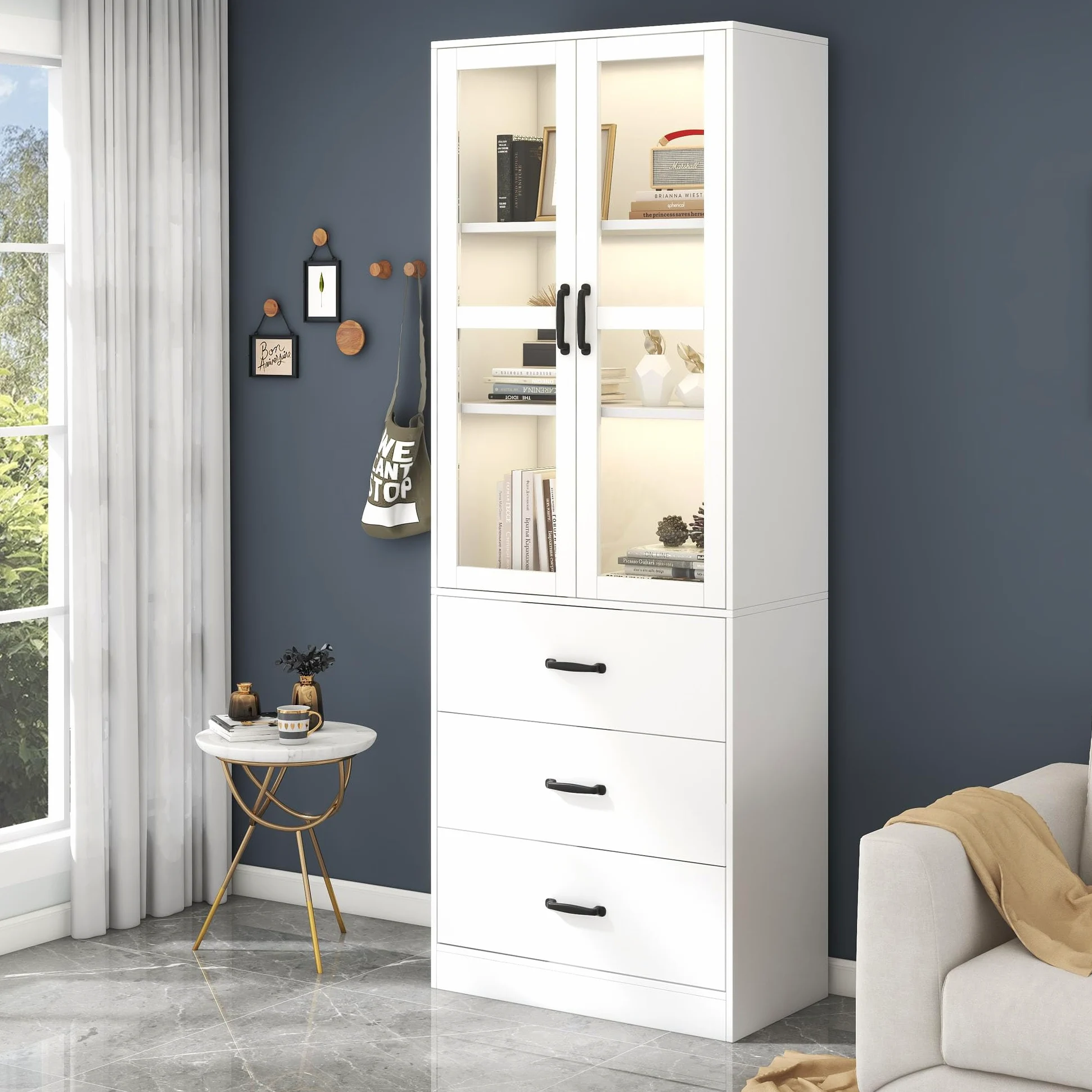 Vitrina blanca, estantería con puertas, armario de cocina grande, armario de despensa, estantería de lujo con luz LED, armario de vitrina con estantes para sala de estar, dormitorio (60 W x 40D x 200