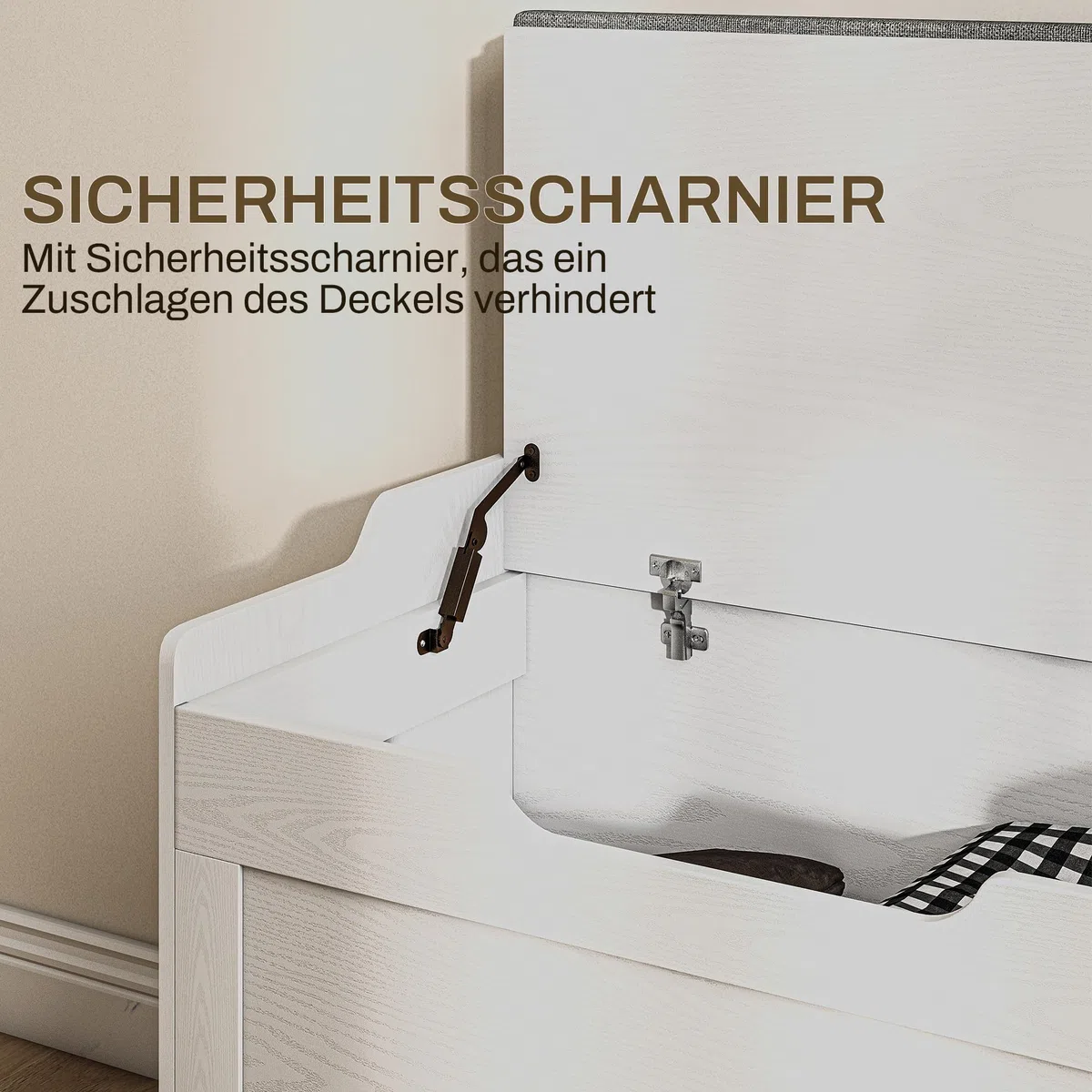 HOMCOM Baúl de 103 litros con tapa, asiento, baúl con espacio de almacenamiento, cojín de asiento extraíble, para salón, dormitorio, blanco