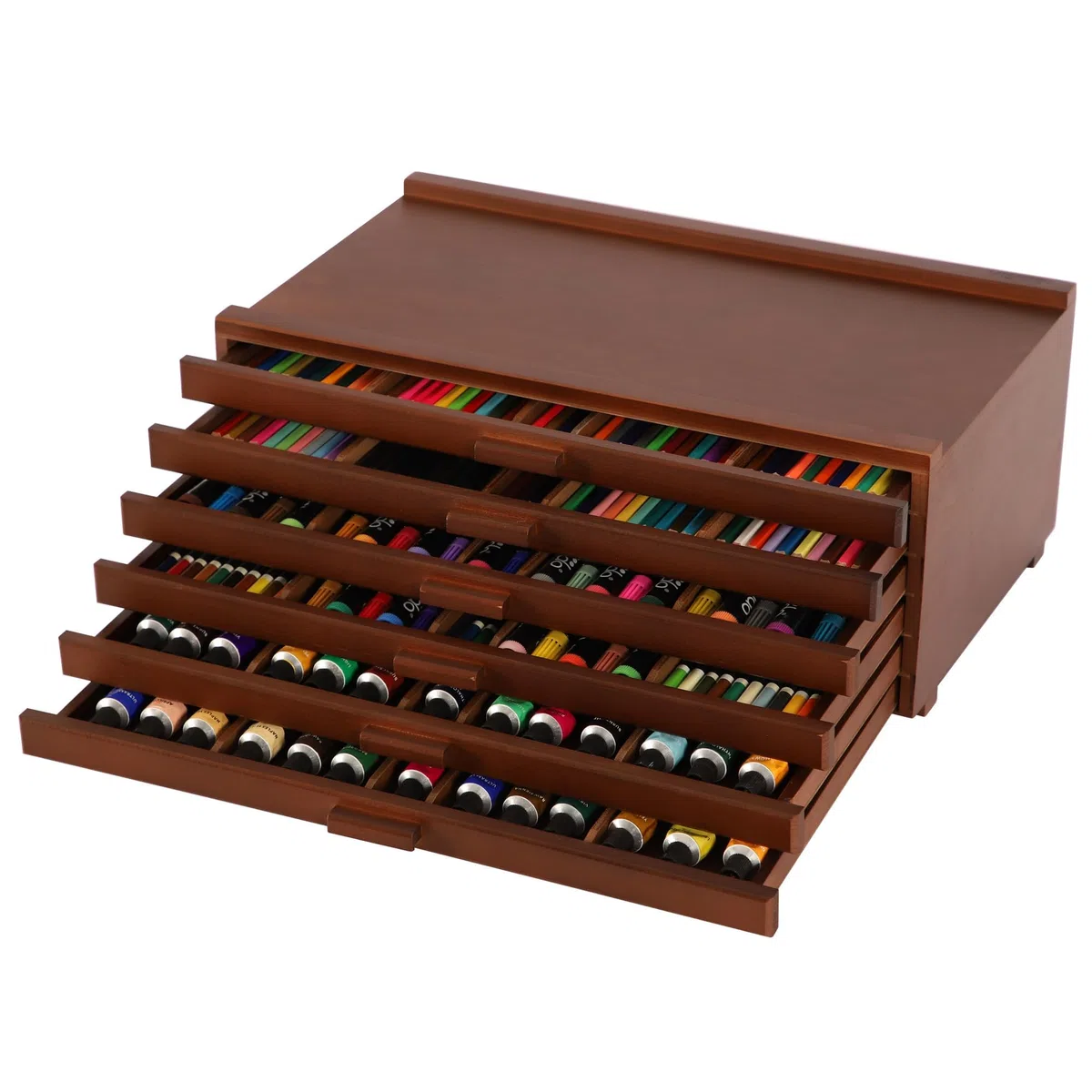 VISWIN Caja de Madera de 6 Cajones con Separadores Extraíbles, Caja de Madera de Haya de Primera Calidad, Caja Organizadora Portátil para Pinturas, Bolígrafos, Pinceles y Materiales de Arte