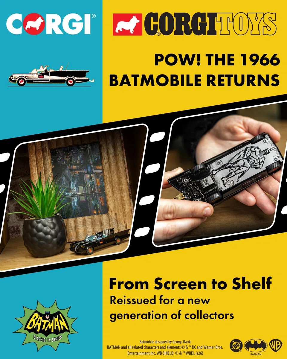 Corgi Diecast Model Cars - RT26701 Batimóvil con Batman y Robin - Pequeños Modelos de Coches de Juguete fundidos a presión para niños, Regalo para entusiastas del Motor