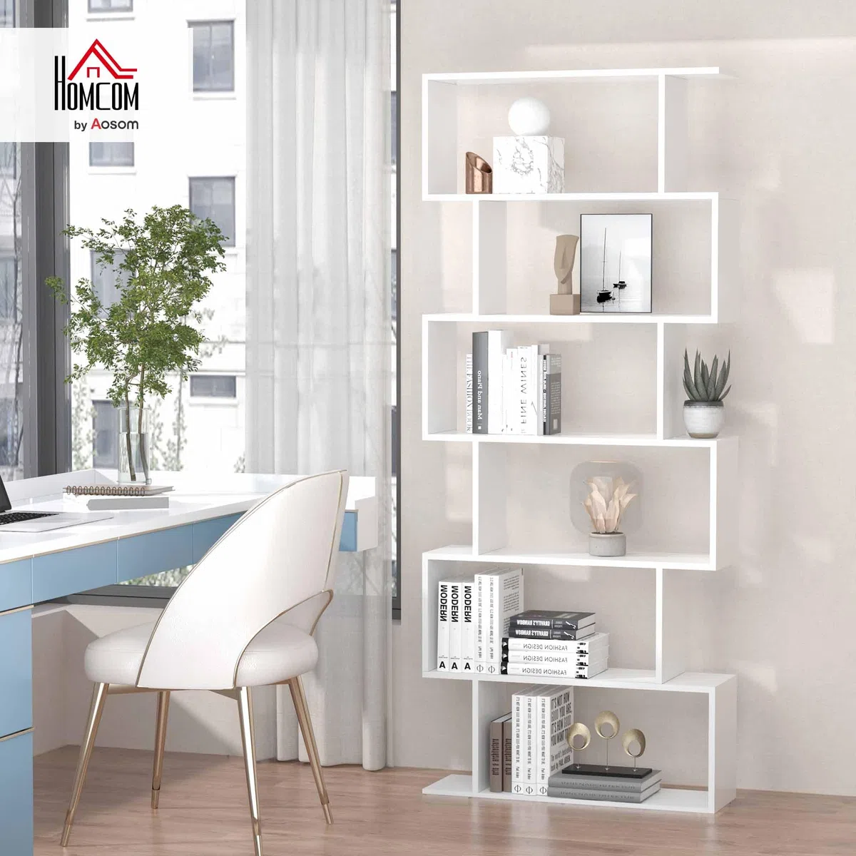 HOMCOM Biblioteca, Librería de 6 Niveles, 80x23x192 cm, Estantería para Libros, Estantería Moderna para Salón, Dormitorio, Estudio, Oficina, Blanco