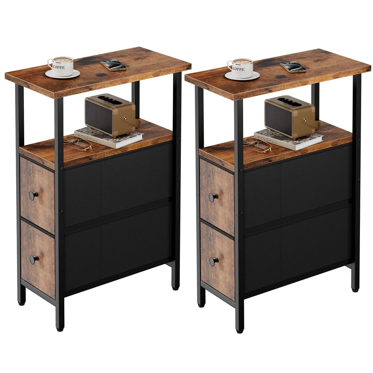 YMYNY Mesa Auxiliar Estrecha Conjunto de 2 Piezas, Mesita de Noche con Dos Cajones Tapizados en Tela, Mesa Auxiliar Sofa Adecuada para Salon dormitorios, Marrón rústico HST019H-2