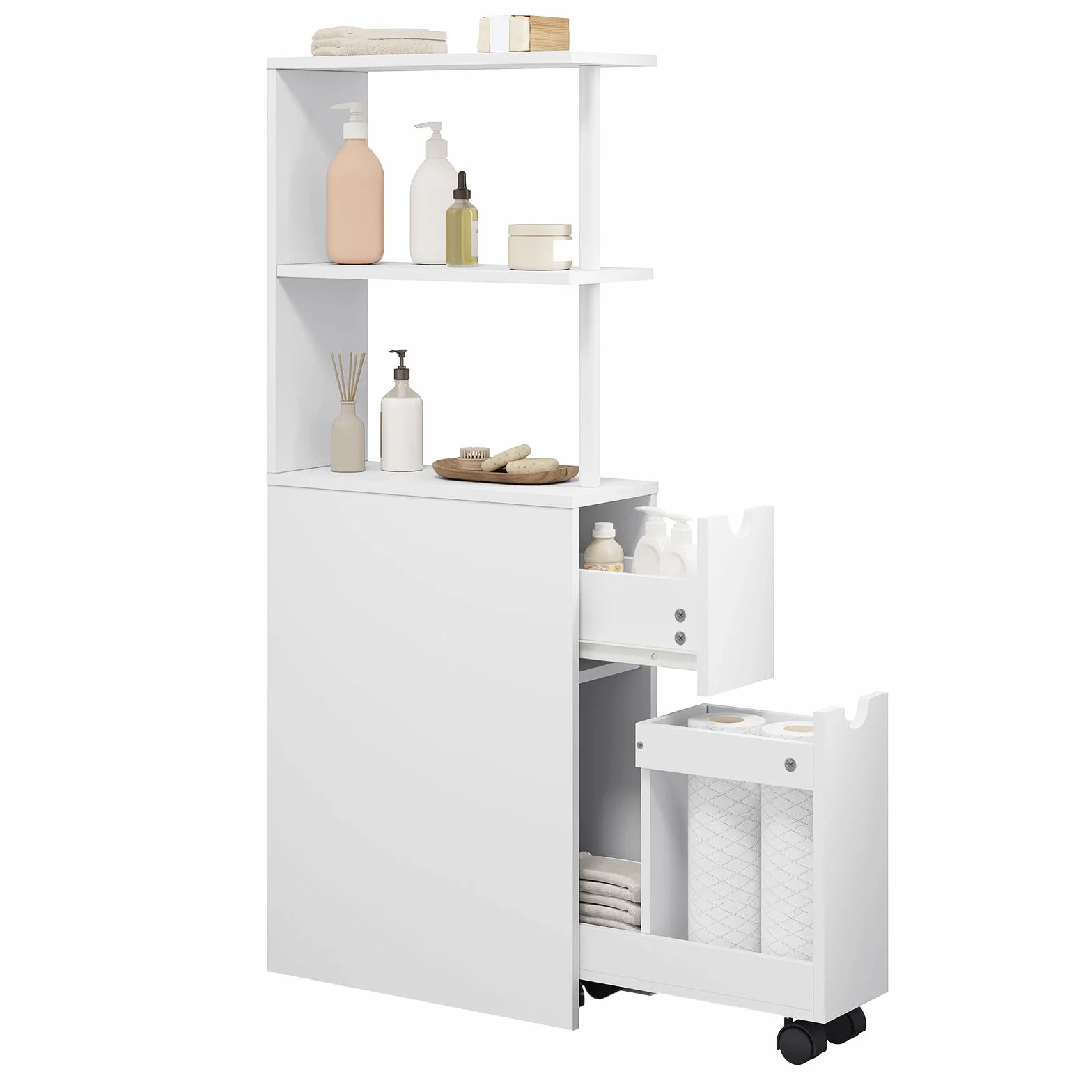 EUGAD Mueble Auxiliar Baño, Armario Baño Estrecho, Columna con 2 Cajones y 2 Estantes, 19 x 45 x 113 cm, Armario Alto para Cocina, Salón, Dormitorio, Blanco 0207WY