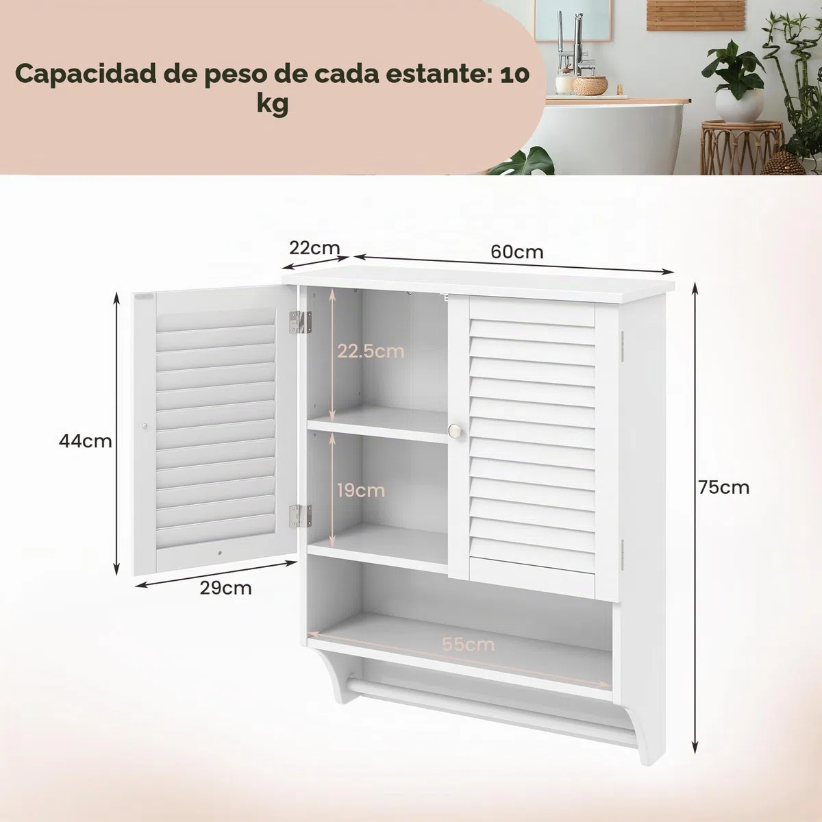 GIANTEX Armario de Pared para Baño, Armario Colgante de Madera con 2 Puertas Persianas, 3 Estantes y 1 Toallero, 60 x 22 x 75 cm, Mueble de Almacenamiento para Baño, Comedor, Entrada (Blanco)