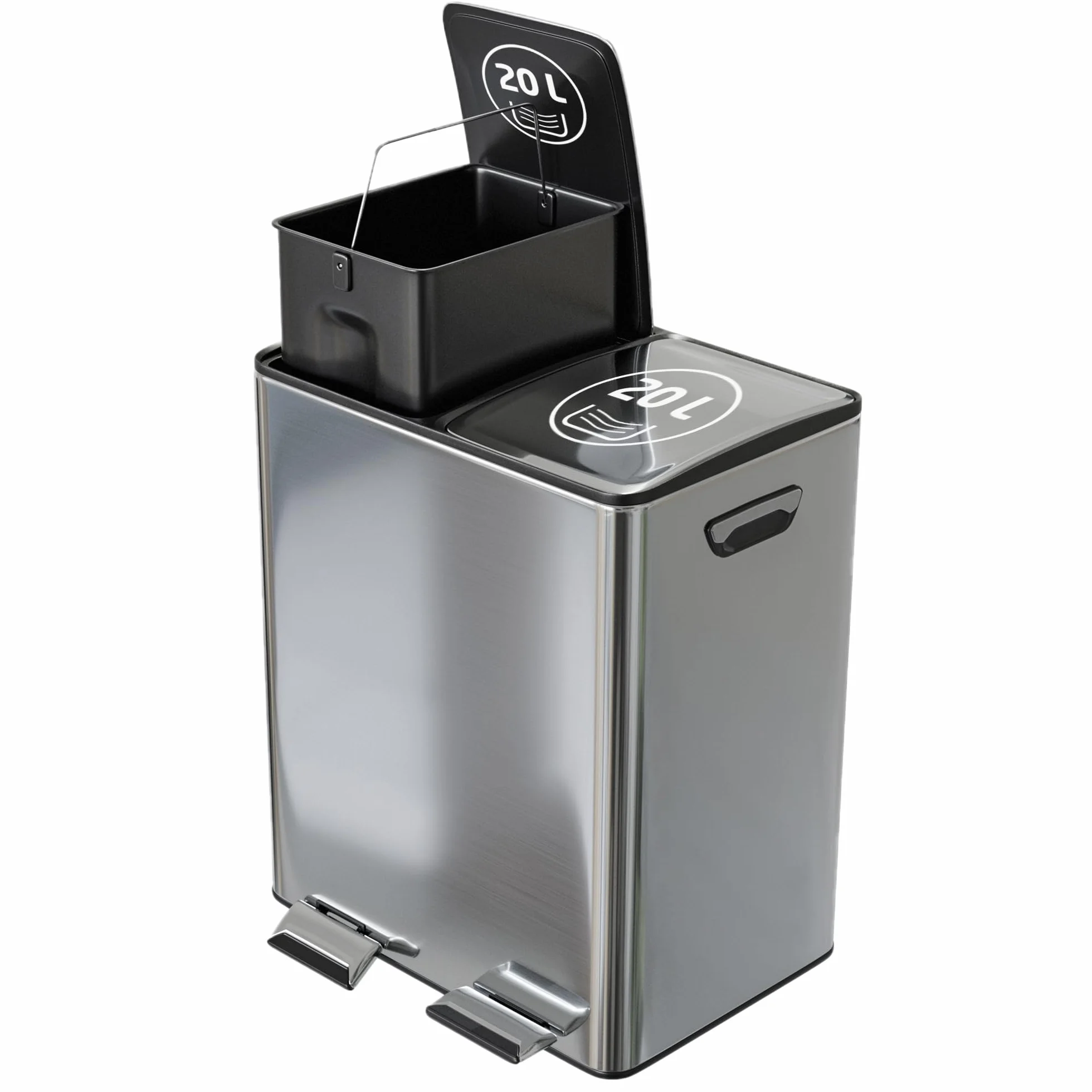 Amig - Cubo de Reciclaje Doble con Pedales Mod. RECIK EVO 40 L - 2 Compartimentos x 20 L - Acero inoxidable - 45 x 30 x 52 cm - Plateado