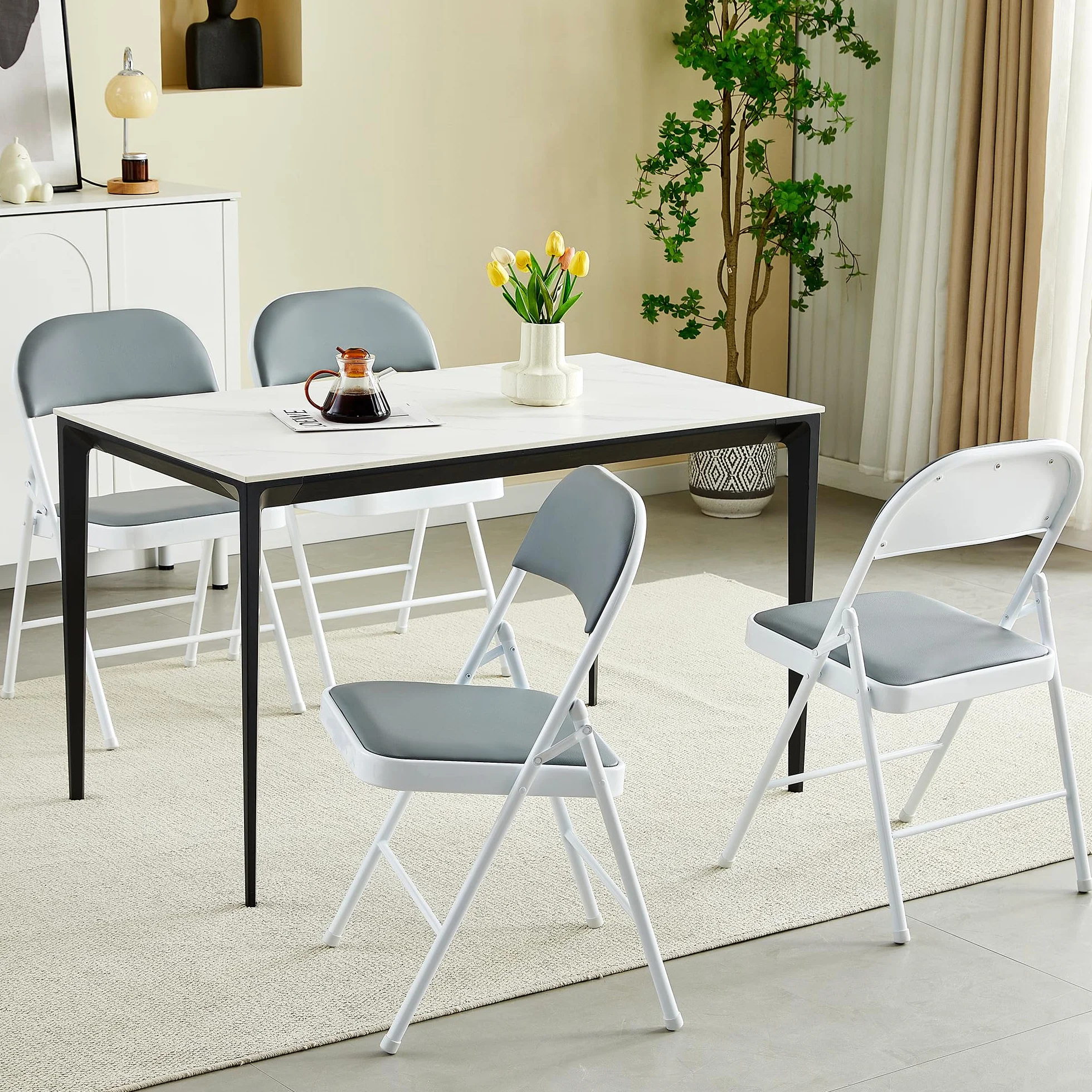 McC Direct Juego de 4 sillas plegables de piel sintética, marco de metal y asiento acolchado, fácil de plegar y almacenar para hogar, oficina, comedor y recepción (gris)