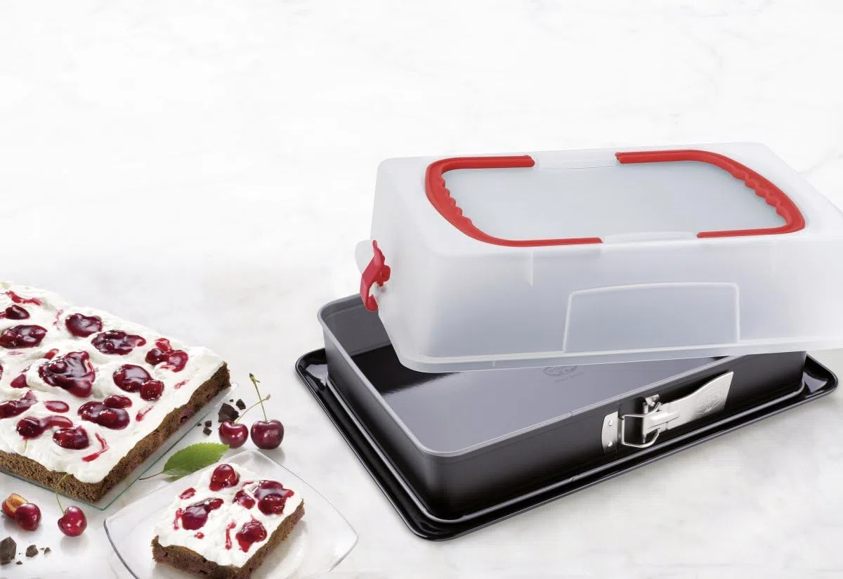 Dr. Oetker 1123 Molde para Horno Desmontable Rectangular con Base Esmaltada y Antiadherente con Tapa con Asas para Transportar Alimentos, 38 x 25 x 7 cm, 1 Unidad