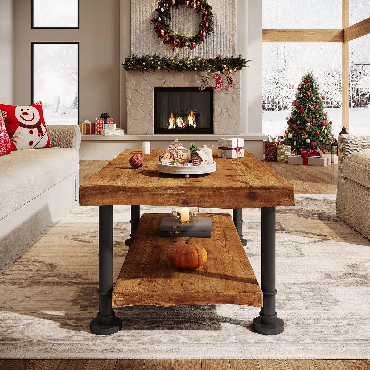 Tribesigns Meseta de Centro Estilo Granja, Mesa de café de Madera con Almacenamiento, Estante de 2 Niveles con Borde Vivo, Patas de Metal, Mesa Central Rectangular de 47" para Sala de Estar, salón