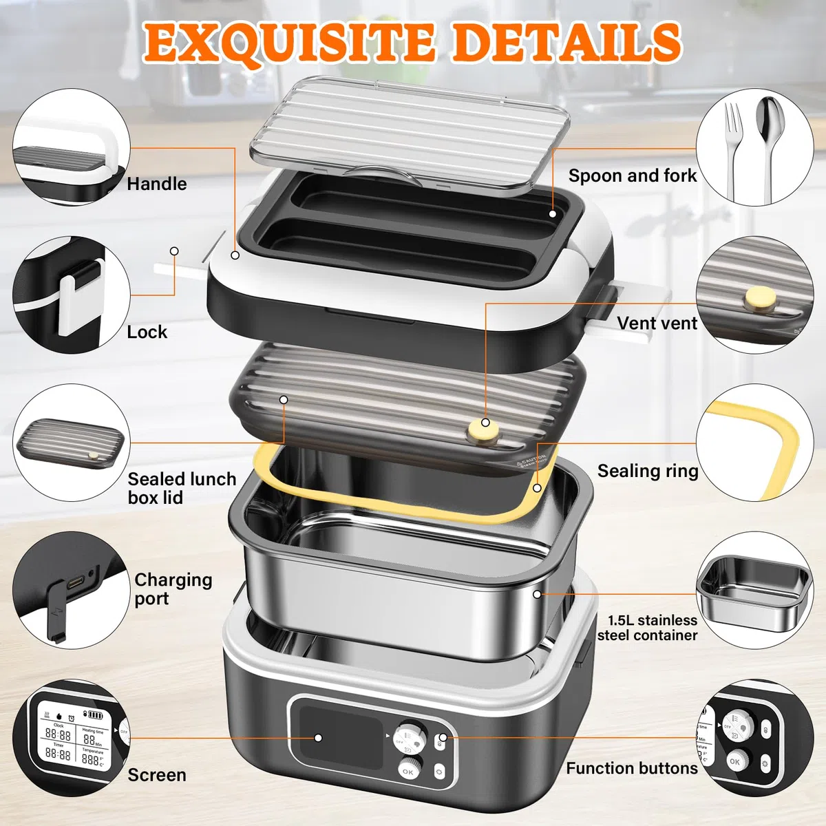 Fiambrera Electrica 100W Calentador de Comida Portatil 1,5L Lunch Box con Bolsa Térmica y Cubiertos Comida Caliente Acero Inoxidable para coche/camión/oficina