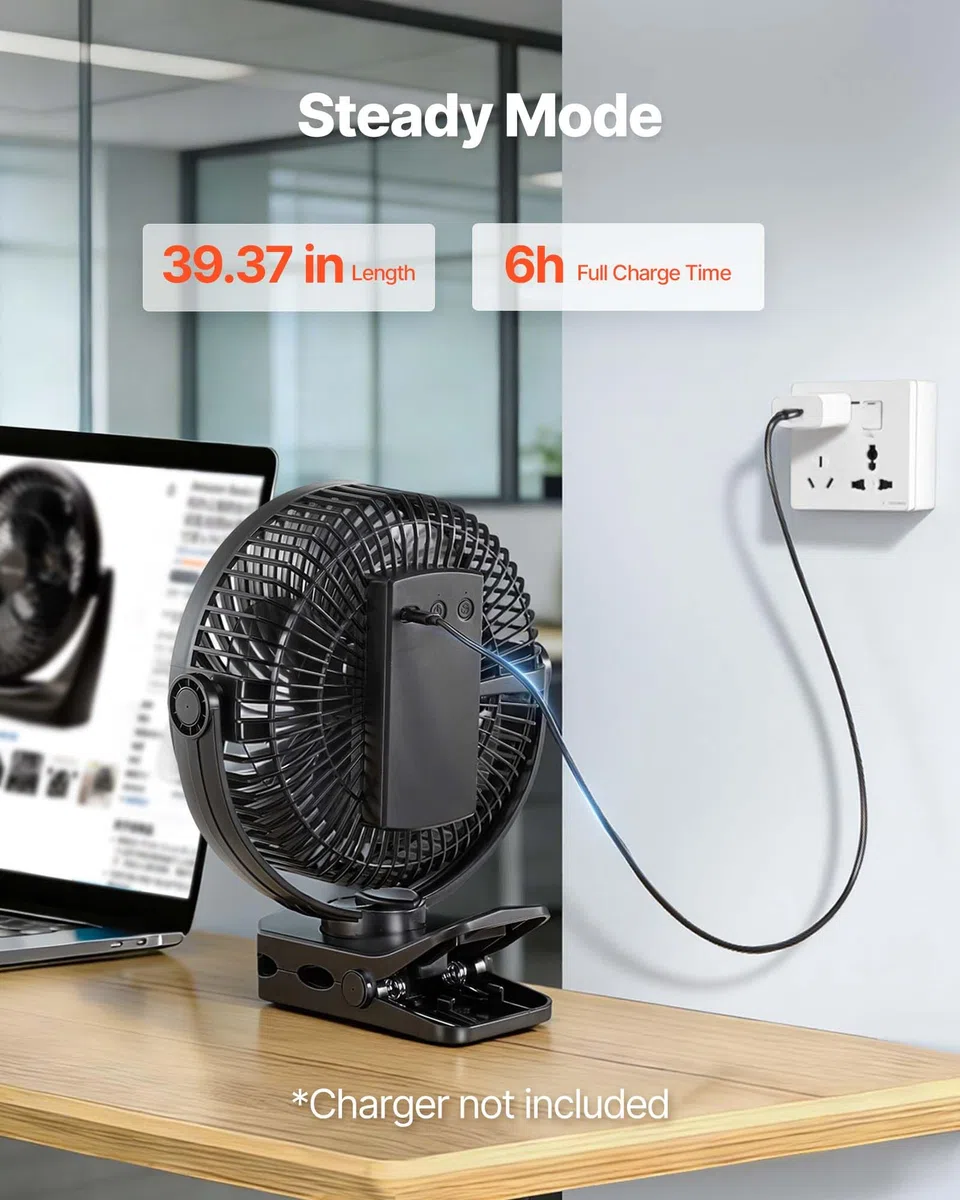 VEVOR Ventilador Portátil con Clip, Batería Doble hasta 139 CFM, 4 Velocidades 3 Fijas 1 Modo de Circulación, Ventilador con Pinza USB-C para Oficina Escritorio Camping Viaje Cinta de Correr, Negro