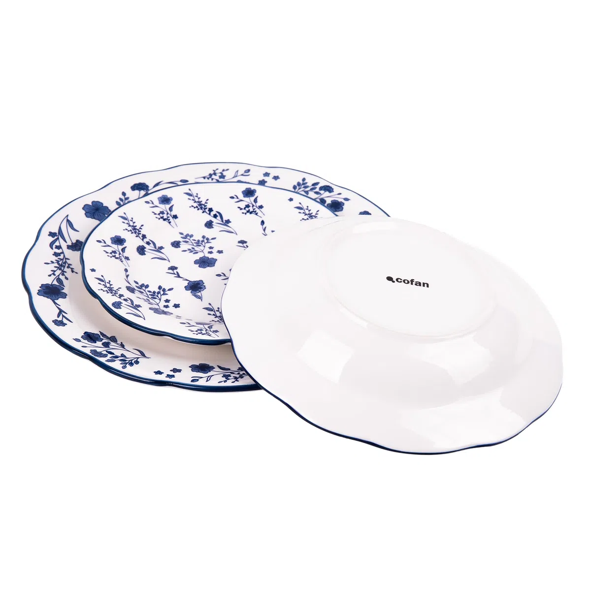 Cofan Vajilla de porcelana esmaltada | Juego de 18 piezas | Diseño floral azul y blanco | Apta para lavavajillas, microondas y horno