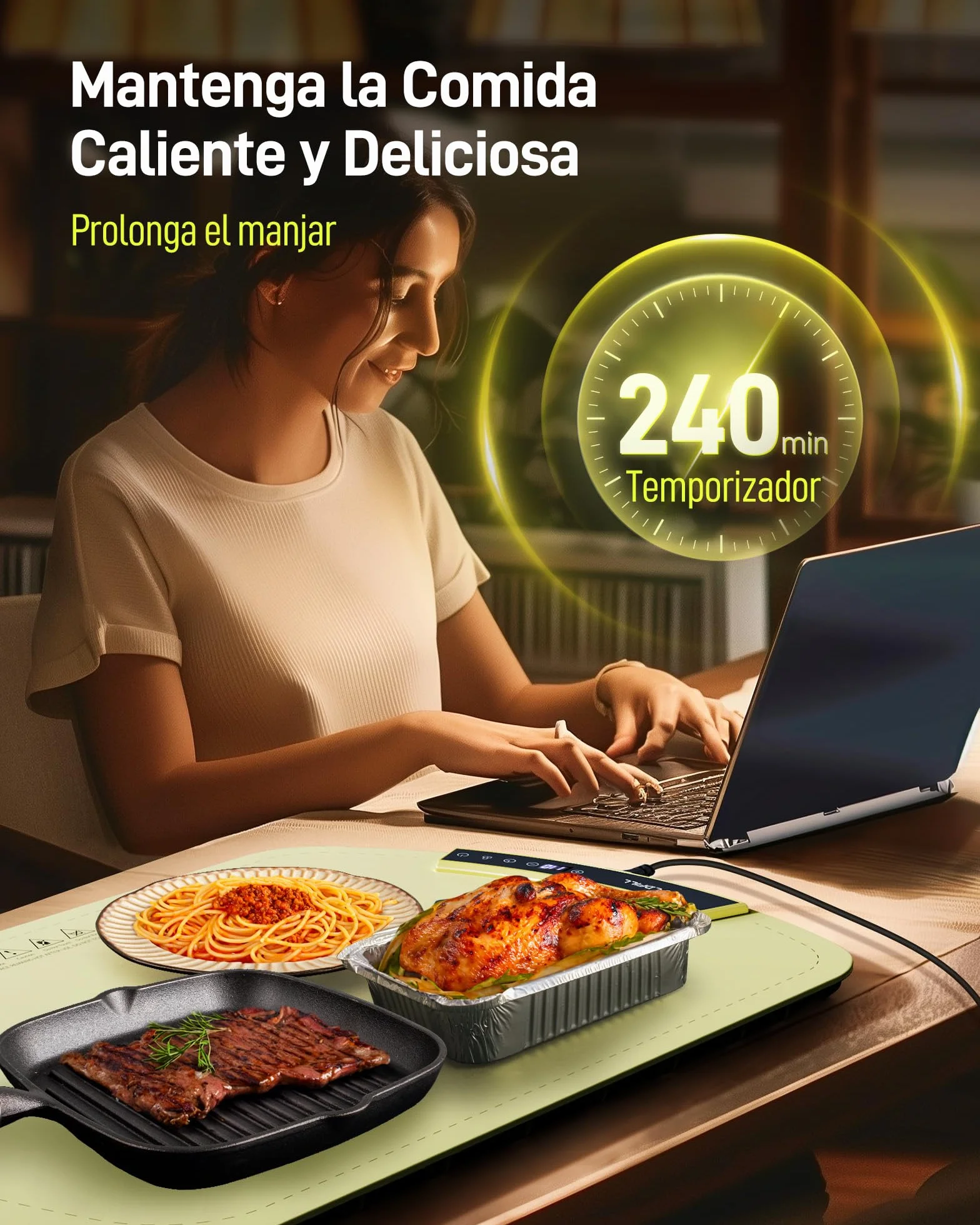 Bandeja de Calentamiento de Silicona, Grande Calentador de Comida 60x40cm, Plegable y Portátil, 8 Niveles y Bloqueo para Niños, Ideal para Buffets, Familia, Fiesta, Verde