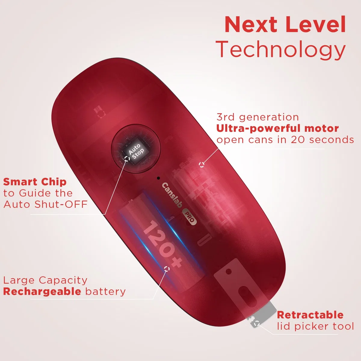 Canslab Ultrablade PRO - Abrelatas eléctrico recargable por USB para cocina para personas mayores con artritis - Abrelatas automático de un solo toque, borde liso, abrelatas de tamaño pequeño, rojo