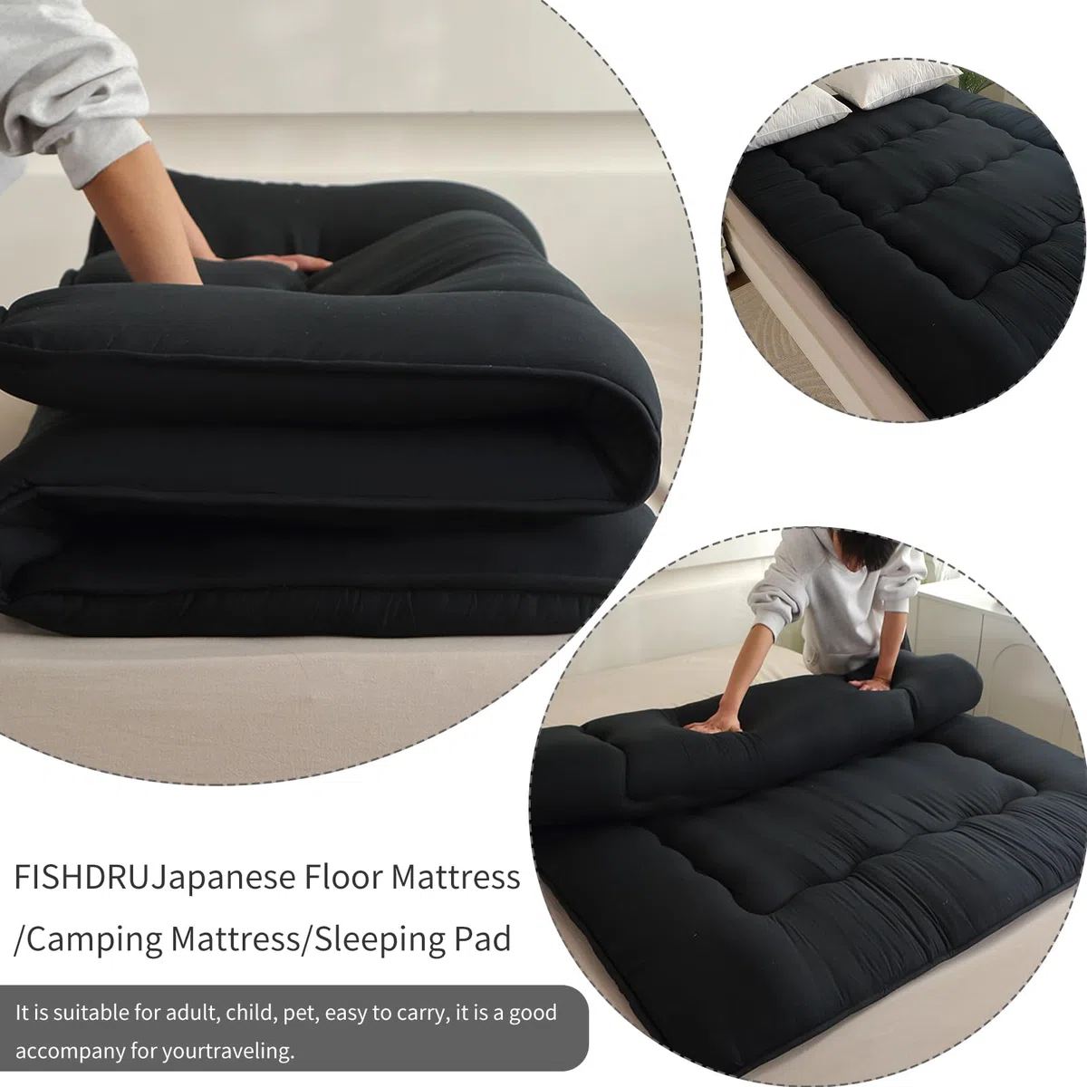 Colchón futón, colchón japonés, cama de suelo japonesa, cama de tatami plegable, colchón enrollable para habitación de invitados, dormitorio (azul marino, colchón queen (152 x 203 cm)