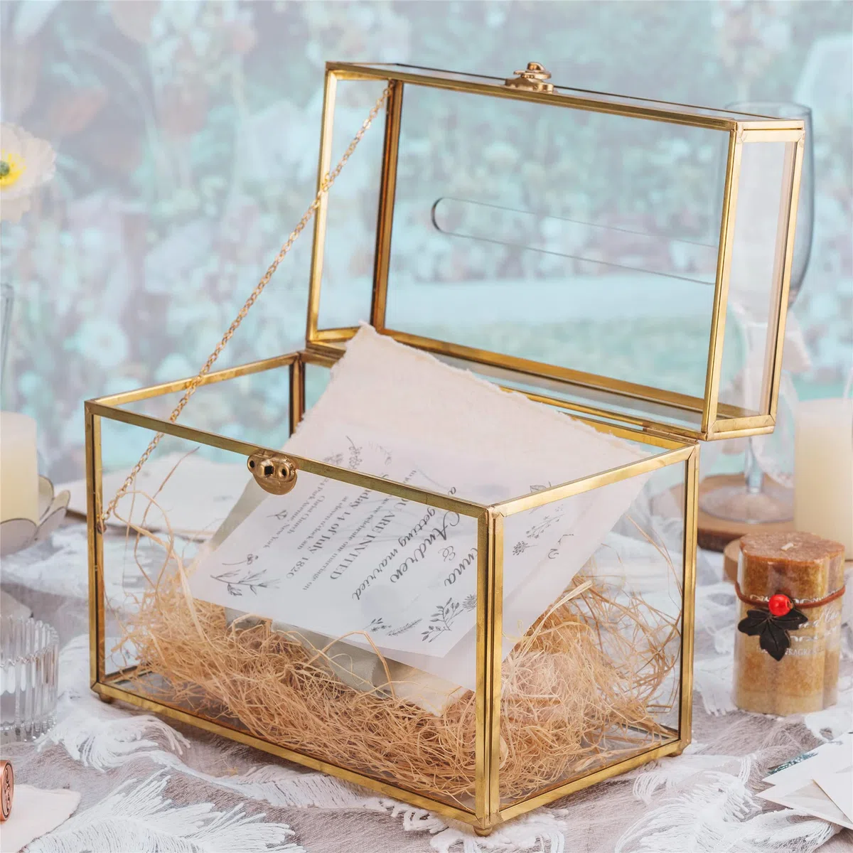 NCYP Caja de tarjetas de cristal de 25,4 cm Rectangular con forma de terrario, dorado con pie para recepción de boda, recuerdo de, centro de fiesta recipiente (solo caja de vidrio)