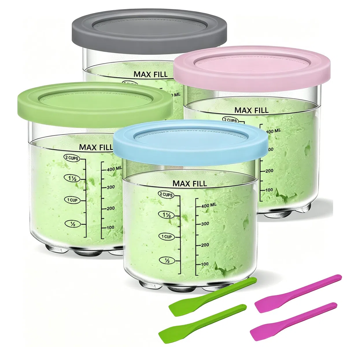 Paquete de 4 tinas de creami compatibles con Ninja CREAMi Ice Cream Maker NC300UK NC300UKCO NC300UKCP NC301 Series, para recipientes de pinta cremosa Ninja con tapas de color, sin BPA y apto para