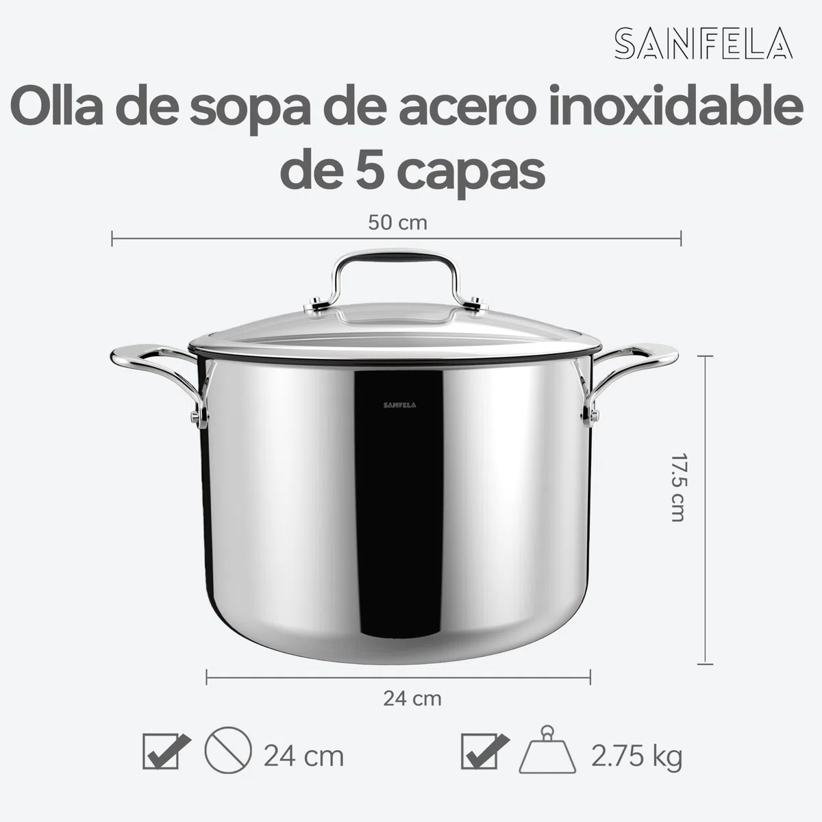 Olla de acero inoxidable SANFELA de 8 l/24 cm con tapa de cristal, utensilios de cocina de acero inoxidable de 5 capas, compatible con inducción