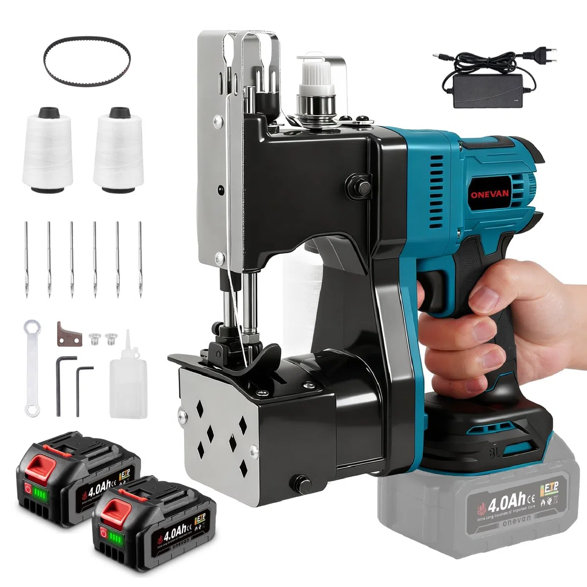 ONEVAN Cosedora de Sacos bolsas eléctrica, Motor de cobre 210 W, 2 Baterías 4.0Ah, kit de máquina de coser, grosor de costura 8-15 mm, para bolsas de tela, yute y papel kraft, Apto para la Agricultura