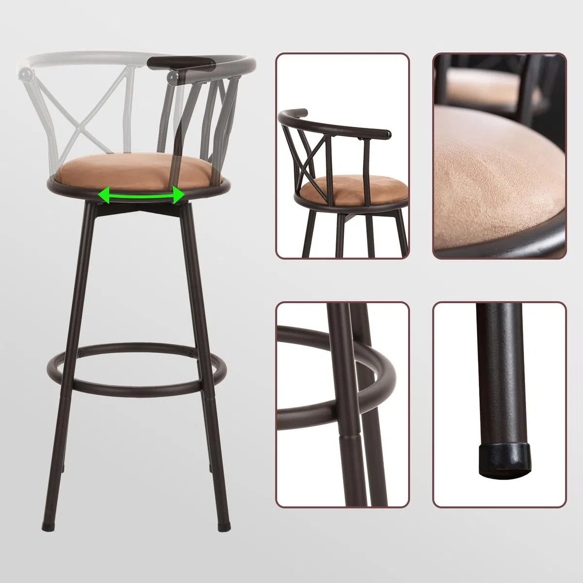 MEUBLE COSY Taburetes de Bar Juego de 2, Sillas de Cocina en Piel Sintética, Giratorio en 360° con Respaldo y Reposapiés, Asiento Acolchado de 75,5 cm de Alto, Patas de Acero