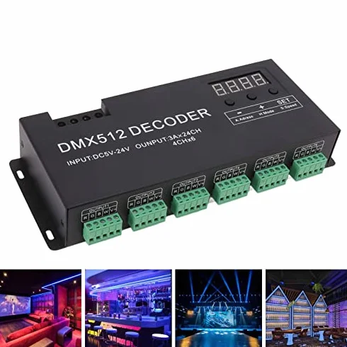 Decodificador DMX de 24 Canales, Decodificador DMX512 Controlador LED RGB 60A PWM DMX512 Controlador de Atenuación para Tiras LED RGB, DC 5V-24V Alta Potencia Sin Parpadeo