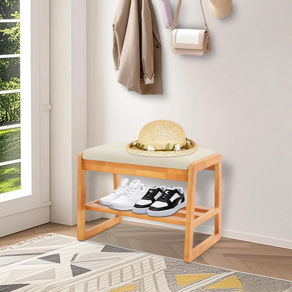 Zapatero de madera con asiento, zapatero con cojín, 2 niveles, para pasillo, armario, salón, 55 x 30 x 42 cm (color madera cerezo)
