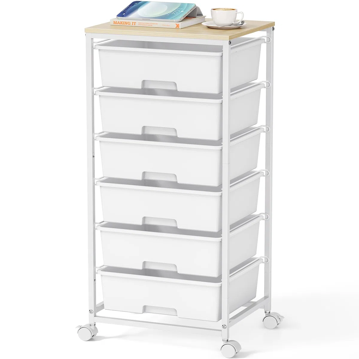 Carro con ruedas de 6 cajones con placa de madera - Fuerte contenedor con ruedas de plástico, carrito de almacenamiento móvil para oficina, habitación infantil y sala de manualidades - Carro de baño