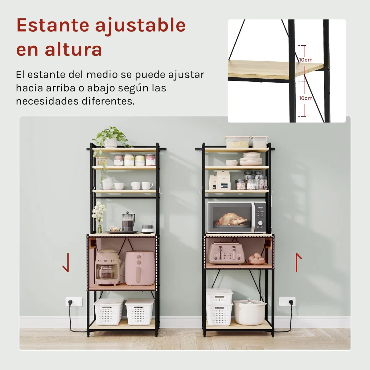 WOLTU Estantería Cocina con Enchufes, Soporte para Microondas con 6 Estantes y 6 Ganchos, Estanteria Almacenaje para Cocina Baño Salón, Metal+Madera, Negro+Roble Claro, 60x39,5x167 cm