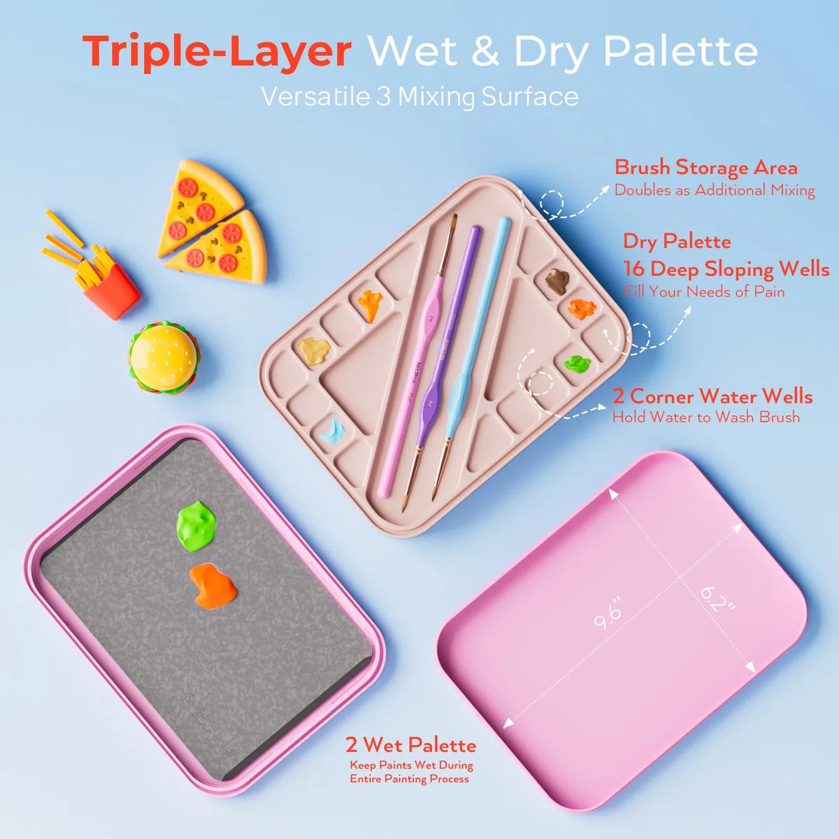 Nicpro Kit de pintura estética en miniatura, paleta húmeda y 16 pinceles de pintura de detalles pastel con bolsa de nailon, 100 piezas de papel de palé, 4 esponjas, paleta de pintura para figuras