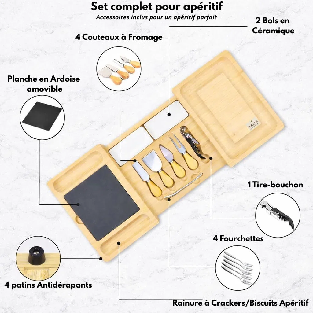 Kkalyan - Tabla de Aperitivos Extensible de Bambú | Set Quesos con Pizarra, 4 Cuchillos, Sacacorchos, 2 Cuencos y ebook Gratis | 41,5 cm → 68 cm | Regalo Gourmet
