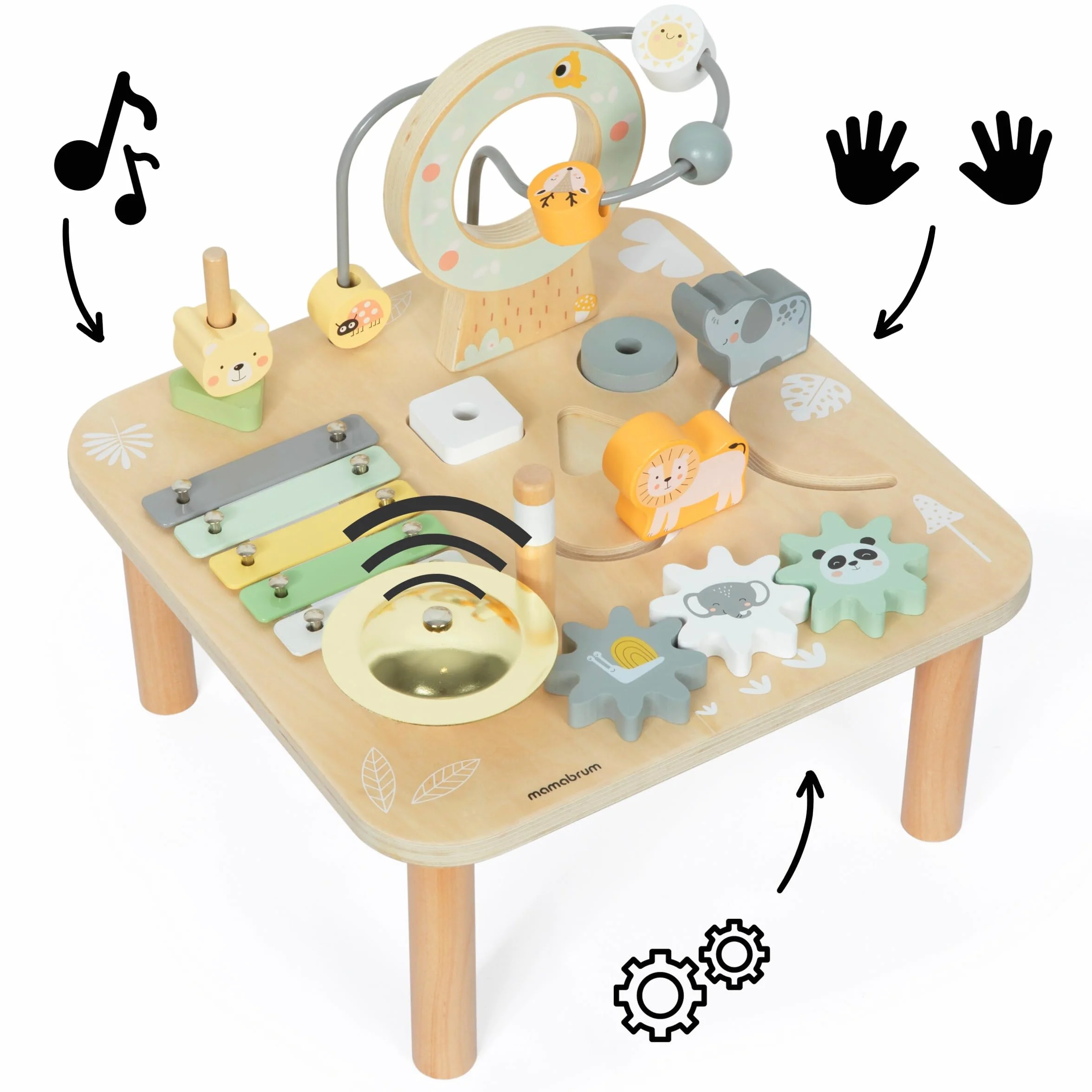 mamabrum Mesita educativa de Madera para niños – Juguete Musical 7 en 1 con murciélagos y Gong, Ruta motora, Rompecabezas sensorial de temática de la Selva