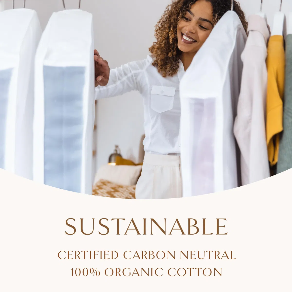 Hayden Hill Bolsa de almacenamiento de ropa de algodón de lujo | Larga de 58 pulgadas | Bolsa de vestir de algodón orgánico certificado | Transpirable | Para almacenamiento de vestidos largos y