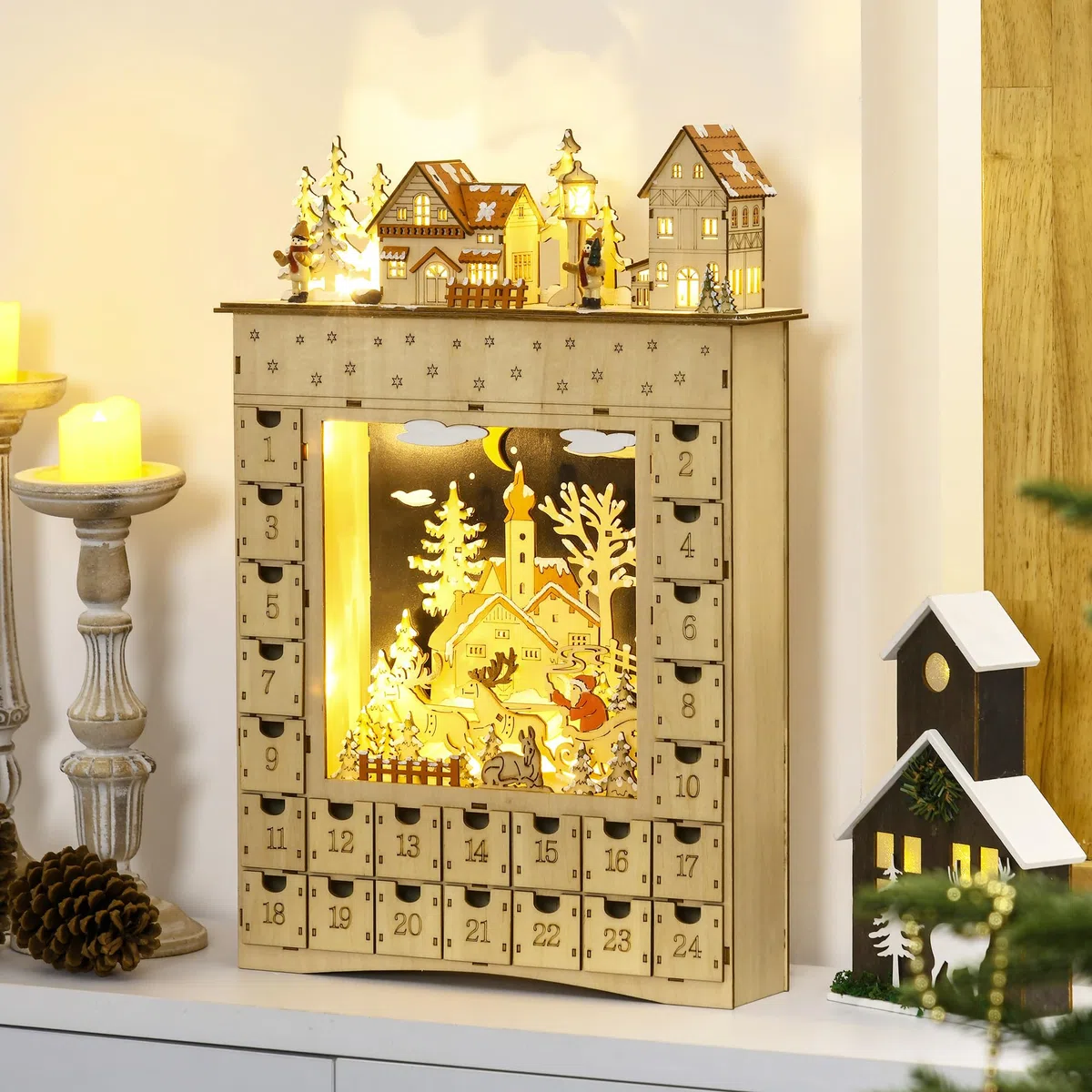 HOMCOM Calendario de Adviento para Llenar con Iluminación LED y 24 Cajones Cuenta Regresiva Calendario de Adviento de Madera de Navidad Decoración en Mesa 36x9x52 cm Natural