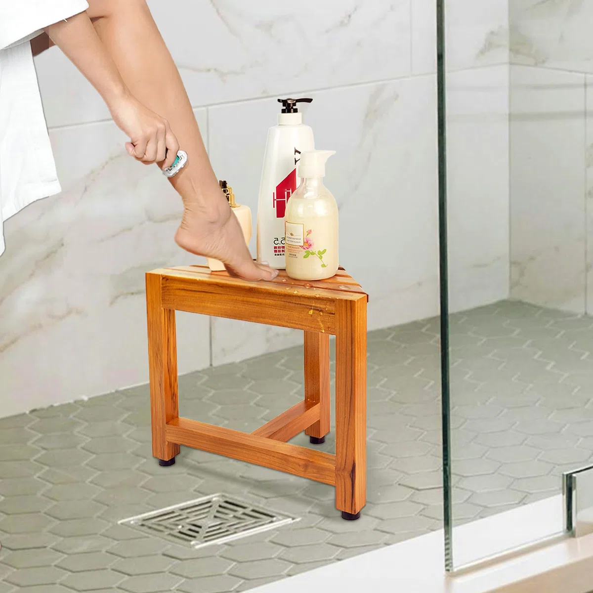 VaeFae Banco esquinero de Ducha de Teca, reposapiés de Madera, Banco de Ducha para Afeitar, Taburete de Ducha de Esquina para Ducha Interior, baño