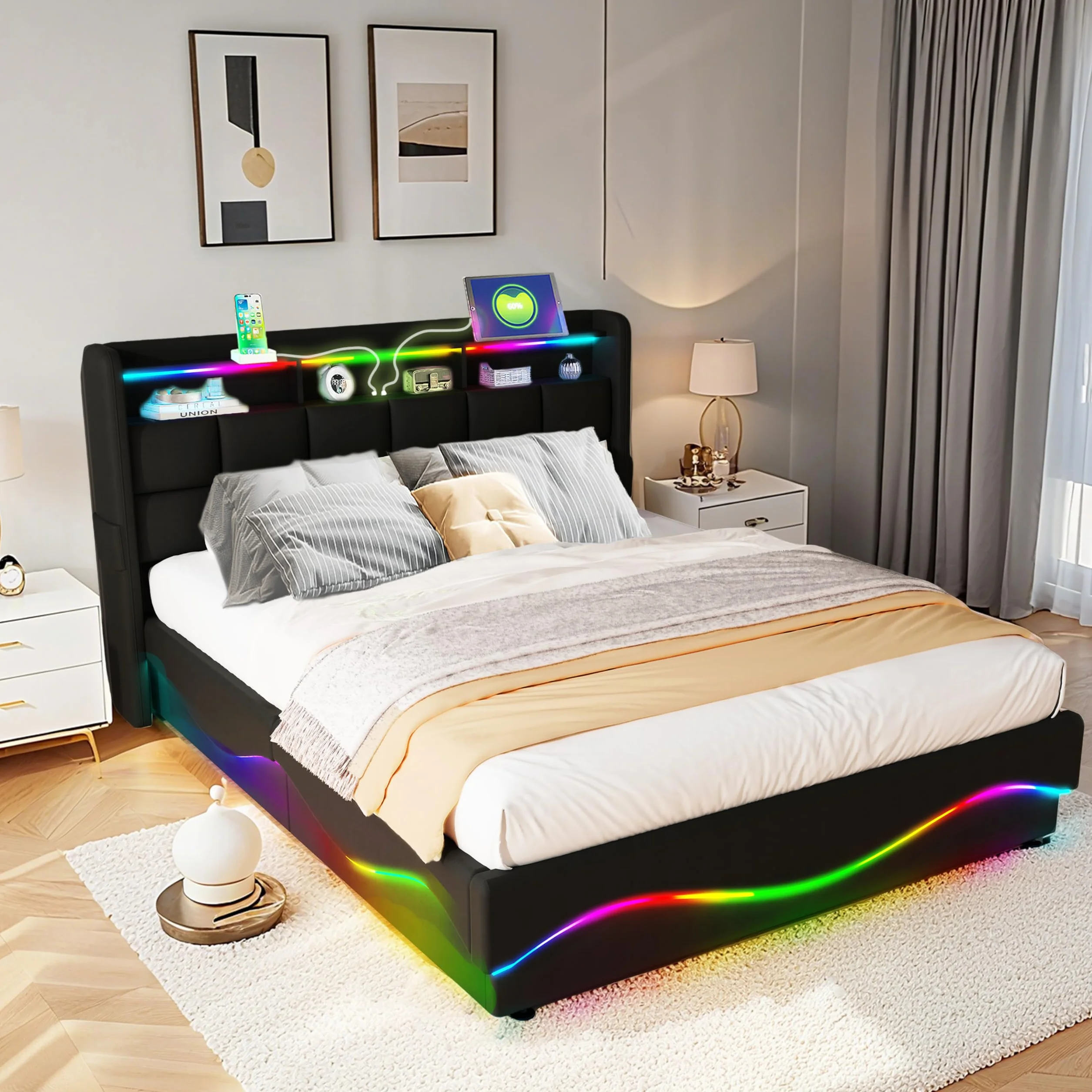 Cama de Almacenamiento Todo en Uno 140x200 cm con Luces LED, Estación de Carga USB/Type-C, Estantería para Cabecera y Gran Almacenamiento bajo la Cama, Cuero, Negro