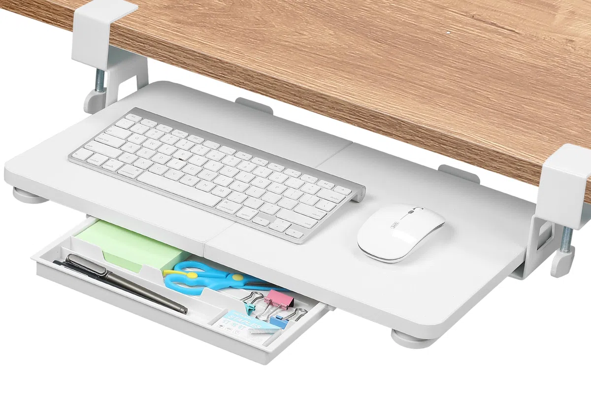 ETHU Bandeja para Teclado Bajo Escritorio Extraíble con Montaje de Abrazadera en C, Plataforma de 500 x 300 mm para Teclado y Ratón de Ordenador