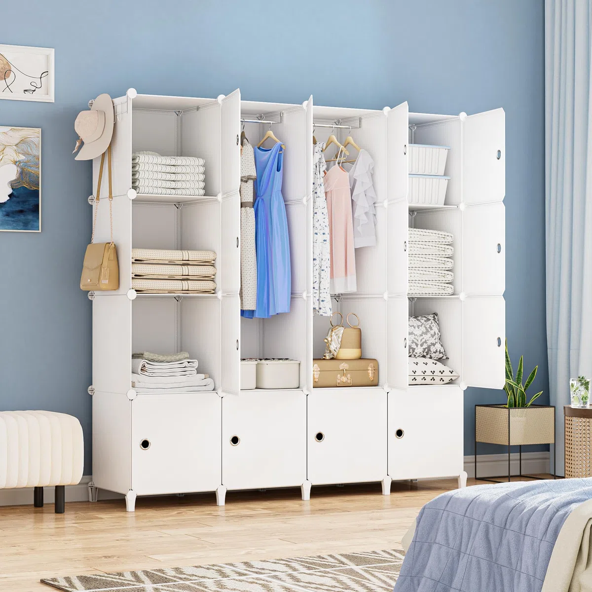 HOMIDEC Armario Modular, Guardarropa portátil de 16 Compartimentos para Dormitorio, Armario con Barra para Colgar Ropa, Compartimentos más Profundos Aptos para Perchas
