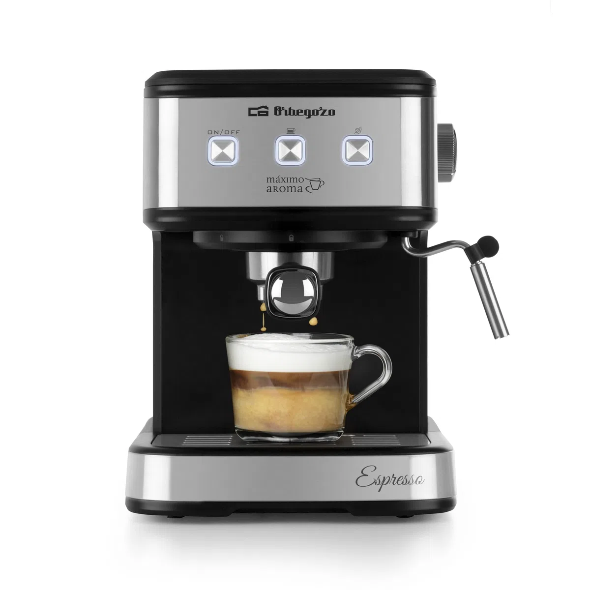 Orbegozo EX 5210 Cafetera espresso y cappuccino 20 bares, 1100W, depósito 1.5L, control electrónico, vaporizador inox, compatible con café molido y monodosis, sistema de seguridad